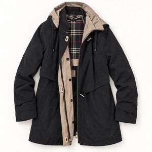 Fleet Street Ltd Womens Black Tan Plaid Lined Hooded Anorak Jacket Size M